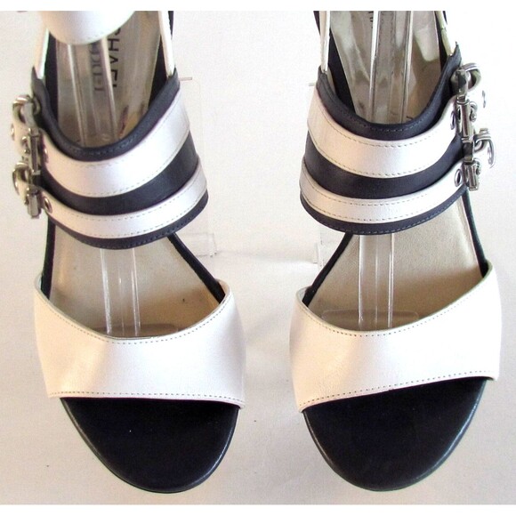 DESIGNER MICHAEL KORS BLUE/WHITE OPEN TOE ANKLE STRAP HIGH HEEL SANDALS 8.5 M - Picture 3 of 12